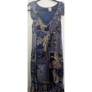 Bila Blue Paisley Patchwork Boho Midi Dress Crochet Trim Flutter Sleeve Small